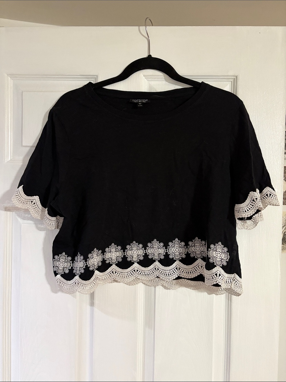 Top Shop Black Crop Top with White Crochet Trim